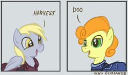 Size: 775x457 | Tagged: safe, artist:elosande, carrot top, derpy hooves, golden harvest, pegasus, pony, female, mare, mass effect, parody