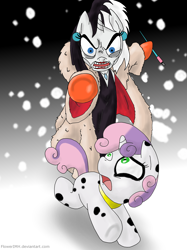 Size: 1936x2592 | Tagged: safe, artist:flowersimh, rarity, sweetie belle, pony, unicorn, 101 dalmatians, bipedal, cruella de vil