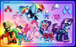 Size: 3964x2484 | Tagged: safe, artist:itiffanyblue, derpibooru import, applejack, fili-second, fluttershy, masked matter-horn, mistress marevelous, pinkie pie, radiance, rainbow dash, rarity, saddle rager, twilight sparkle, twilight sparkle (alicorn), zapp, alicorn, earth pony, pegasus, pony, unicorn, power ponies (episode), clothes, costume, female, fulfilled cutie mark, mane six, mare, power ponies