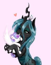 Size: 794x1024 | Tagged: safe, artist:dzetawmdunion, edit, princess flurry heart, queen chrysalis, changeling, changeling queen, pony, the crystalling, auntie chrissy, bipedal, blushing, cute, cutealis, eyes closed, fanfic, fanfic art, floppy ears, flurrybetes, heart, hug, lidded eyes, mommy chrissy, nuzzling, simple background, smiling, smug, spread wings, white background