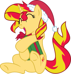 Size: 873x915 | Tagged: safe, artist:elsia-pony, sunset shimmer, pony, unicorn, christmas, cute, eyes closed, happy, hat, present, santa hat, shimmerbetes, simple background, solo, transparent background