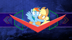 Size: 1920x1080 | Tagged: safe, artist:laszlvfx, artist:rainbowderp98, derpibooru import, edit, applejack, rainbow dash, earth pony, pegasus, pony, duo, female, looking at you, mare, scared, vector, wallpaper, wallpaper edit