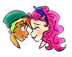 Size: 1009x792 | Tagged: safe, artist:artypaints, derpibooru import, pinkie pie, rainbow dash, human, bandana, beanie, eyes closed, female, hat, headband, humanized, lesbian, pinkiedash, shipping, simple background, white background