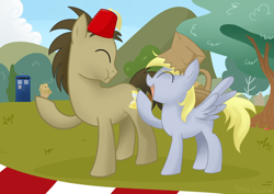 Size: 900x636 | Tagged: safe, artist:apple-cake, derpy hooves, doctor whooves, pegasus, pony, costume, doctor who, female, fez, hat, mare, nightmare night, paper bag wizard, tardis