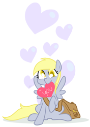 Size: 1000x1413 | Tagged: safe, artist:egophiliac, derpy hooves, pegasus, pony, bag, female, heart, mare, mouth hold, solo, valentine