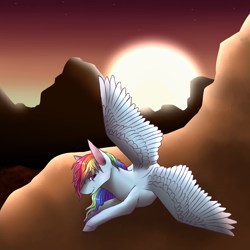 Size: 1102x1102 | Tagged: safe, artist:pndrws, derpibooru import, rainbow dash, pegasus, pony, female, looking at you, mare, resting, smiling, solo, spread wings, sunset, wings