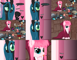 Size: 1948x1500 | Tagged: safe, artist:mixermike622, queen chrysalis, oc, oc:fluffle puff, changeling, changeling queen, bedroom eyes, canon x oc, chrysipuff, comic, david bowie, doll, female, goblin king, heterochromia, jareth, labyrinth (movie), lesbian, movie reference, shipping, this will end in kidnapping, tongue out, toy, tumblr:ask fluffle puff, wat