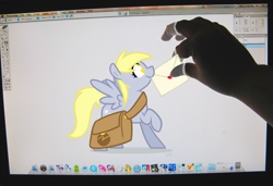 Size: 1095x750 | Tagged: safe, artist:egophiliac, derpy hooves, pegasus, pony, female, fourth wall, letter, mailbag, mare