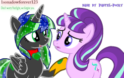 Size: 828x522 | Tagged: safe, artist:1sonadowforever123, starlight glimmer, oc, oc:aura eclipse, alicorn, pony, alicorn oc, collar