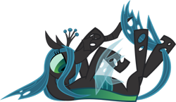 Size: 1024x593 | Tagged: safe, artist:sorunome, queen chrysalis, changeling, changeling queen, annoyed, female, on back, simple background, solo, transparent background, vector