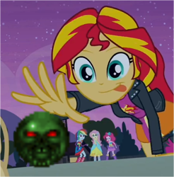 Size: 363x369 | Tagged: safe, sunset shimmer, equestria girls, doom, exploitable meme, god mode, invulnerability, meme, sunset shimmer reaching for things