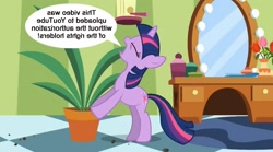 Size: 854x475 | Tagged: safe, derpibooru import, edit, edited screencap, screencap, twilight sparkle, green isn't your color, exploitable meme, eyes closed, forced meme, meme, mirrored, mirrored text, potted plant, secret pot meme, solo, speech bubble, youtube