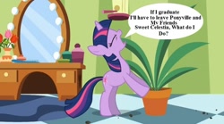 Size: 854x475 | Tagged: safe, derpibooru import, edit, edited screencap, screencap, twilight sparkle, green isn't your color, exploitable meme, forced meme, not a joke, potted plant, secret pot meme, solo, speech bubble, text, what do