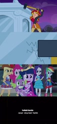 Size: 576x1250 | Tagged: safe, edit, screencap, applejack, pinkie pie, rainbow dash, rarity, spike, sunset shimmer, twilight sparkle, equestria girls, bad end, hammer, hammer time, mirror, nicolas cage, quantum leap, sam beckett, sledgehammer