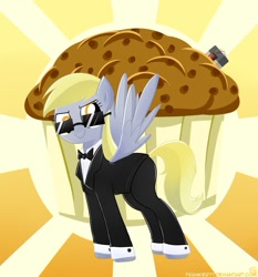 Size: 877x943 | Tagged: safe, artist:frankier77, derpy hooves, pegasus, pony, clothes, female, giant muffin, mare, muffin, sunglasses, tuxedo