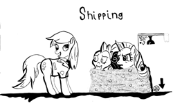 Size: 1218x729 | Tagged: safe, artist:rabbit14, derpy hooves, rarity, spike, dragon, pegasus, pony, unicorn, derp, female, interspecies, male, mare, shipping, sparity, straight