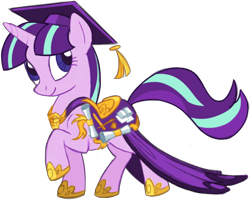 Size: 802x643 | Tagged: safe, artist:lauren faust, edit, starlight glimmer, pony, unicorn, clothes, concept art, diploma, graduation, graduation cap, hat, hilarious in hindsight, saddle, scholar, solo