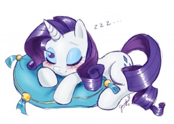 Size: 1403x1000 | Tagged: safe, artist:chibi-jen-hen, rarity, pony, unicorn, blushing, cute, eyes closed, female, mare, misleading thumbnail, pillow, precious, prone, raribetes, sleeping, smiling, solo, zzz