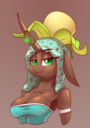 Size: 2480x3508 | Tagged: safe, artist:underpable, derpibooru import, oc, oc only, oc:physalis, anthro, changeling, changeling queen, food pony, original species, armpits, breasts, bust, changeling queen oc, chocolate, cleavage, clothes, dress, female, food, ice cream, mint, mint chocolate chip, solo