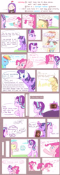 Size: 1185x3444 | Tagged: safe, artist:yuck, derpibooru import, angel bunny, applejack, fluttershy, pinkie pie, rainbow dash, rarity, starlight glimmer, sunset shimmer, twilight sparkle, alicorn, earth pony, pegasus, pony, unicorn, equestria girls, book, colored pupils, comic, cupcake, dialogue, female, food, lesbian, levitation, magic, mare, sad, shimmerglimmer, shipping, telekinesis