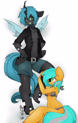 Size: 2227x3500 | Tagged: safe, artist:teranen, king metamorphosis, queen chrysalis, oc, oc:swargey, anthro, changeling, changeling queen, abs, arm hooves, bare chest, belly button, canon x oc, chest fluff, clothes, colored pupils, male, open clothes, open shirt, rule 63, shipping, topless