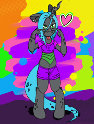 Size: 1024x1348 | Tagged: safe, artist:stonerpony, queen chrysalis, anthro, changeling, changeling queen, unguligrade anthro, belly button, clothes, glasses, heart, midriff, piercing, shorts, solo, tongue out, tongue piercing