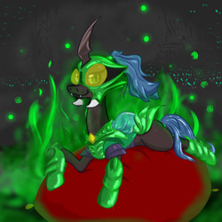 Size: 1280x1280 | Tagged: safe, artist:vincentjiang0v0, queen chrysalis, changeling, changeling queen, spoiler:comicfiendshipismagic5, armor, pillow, prone, solo