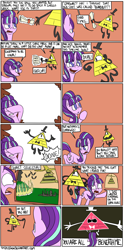 Size: 1950x3939 | Tagged: safe, artist:timsplosion, starlight glimmer, demon, pony, unicorn, bad end, bill cipher, comic, crossover, female, gravity falls, male, mare, no pupils, orange background, pyramid, scroll, simple background