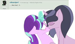 Size: 1024x602 | Tagged: safe, artist:cutegir101, starlight glimmer, oc, oc:crystal, pony, unicorn, blushing, canon x oc, eyes closed, female, kissing, lesbian, now kiss, s5 starlight, shipping