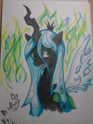 Size: 768x1024 | Tagged: safe, artist:mady, queen chrysalis, changeling, changeling queen, female, horn, solo, traditional art