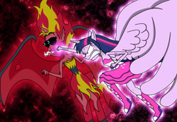 Size: 3119x2155 | Tagged: safe, artist:lightdegel, sunset satan, sunset shimmer, twilight sparkle, demon, equestria girls, epic, epic battle, eye bulging, falcon punch, fight, horn, punch, shimmerbuse