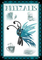 Size: 851x1210 | Tagged: safe, artist:ponymaan, queen chrysalis, oc, oc:breezalis, breezie, changeling, changeling queen, adorable face, breezie oc, breeziefied, cup, cute, cutealis, diabreezies, duo, duo female, female, food, glare, grin, hiding, ocbetes, sandwich, smiling, smirk, soon, species swap, tin can