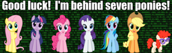 Size: 912x280 | Tagged: safe, derpibooru import, applejack, fluttershy, pinkie pie, rainbow dash, rarity, twilight sparkle, twist, earth pony, pegasus, pony, unicorn, binary, caption, image macro, mane six