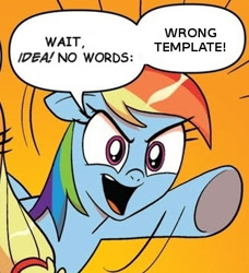 Size: 334x366 | Tagged: safe, derpibooru import, applejack, rainbow dash, earth pony, pegasus, pony, blonde mane, blue coat, blue wings, dialogue, exploitable meme, female, mare, meme, meta, multicolored hair, open mouth, orange background, raised hoof, raised leg, simple background, smiling, speech bubble, two words meme, underhoof, wings