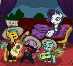 Size: 1000x909 | Tagged: safe, artist:johnjoseco, rarity, snails, snips, spike, dragon, pony, unicorn, band, clothes, colored, costume, dress, eyes closed, female, guitar, hat, magic, male, mariachi, musical instrument, necklace, shipping, sparity, straight, telekinesis