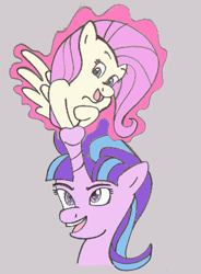 Size: 309x420 | Tagged: safe, artist:vacuumvorer, fluttershy, starlight glimmer, pegasus, pony, unicorn, absorption, female, fetish, flutterprey, horn vore, magic, mare, vore