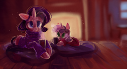 Size: 2779x1528 | Tagged: safe, artist:iamthecowboysmuggler, rarity, sweetie belle, pony, unicorn, clothes, fireplace, mug, sweater