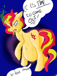 Size: 1071x1425 | Tagged: safe, artist:dolly, artist:twizzle, sunset shimmer, pony, belly, colored, dialogue, overdue, pregnant, solo