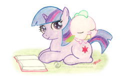 Size: 600x398 | Tagged: safe, artist:emfen, derpibooru import, spike, twilight sparkle, dragon, baby dragon, baby spike, book, cute, filly, filly twilight sparkle, looking at you, prone, simple background, smiling, transparent background