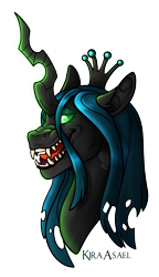 Size: 950x1650 | Tagged: safe, artist:kiraasael, queen chrysalis, changeling, changeling queen, female, grin, horn, solo