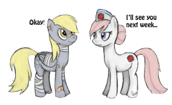 Size: 1000x606 | Tagged: safe, artist:armacasio, derpy hooves, nurse redheart, pegasus, pony, bandage, bandaid, duo, duo female, female, mare, simple background, transparent background