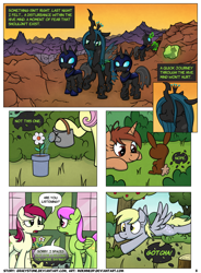 Size: 1400x1900 | Tagged: safe, artist:moemneop, derpy hooves, fluttershy, merry may, queen chrysalis, roseluck, oc, oc:mavis, changeling, changeling queen, pegasus, pony, rabbit, comic:shifting changelings lies and truths, armor, comic, egg, female, mare, wasteland