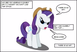 Size: 2344x1580 | Tagged: safe, artist:bcrich40, rarity, pony, unicorn, bend over, dialogue, hat, offscreen character, random