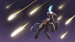Size: 3840x2160 | Tagged: safe, artist:underpable, derpibooru import, oc, oc only, oc:flint, pony, unicorn, clothes, glowing eyes, high res, magic, night, shooting star, solo, stars