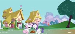 Size: 2533x1157 | Tagged: safe, rarity, sweetie belle, pony, unicorn, female, filly, horn, mare, siblings, sisters, sweetie belle magic, younger