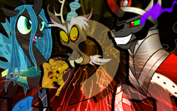 Size: 1920x1200 | Tagged: safe, artist:ov3rhell3xoduz, edit, discord, king sombra, queen chrysalis, changeling, changeling queen, pony, unicorn, antagonist, wallpaper, wallpaper edit