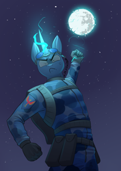 Size: 2480x3508 | Tagged: safe, artist:underpable, derpibooru import, oc, oc:flint, anthro, angry, anthro oc, clothes, commission, electricity, full moon, gloves, glowing hands, glowing horn, goggles, looking at you, mare in the moon, moon, night, solo, stars