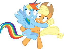 Size: 1768x1366 | Tagged: safe, artist:jeatz-axl, derpibooru import, applejack, rainbow dash, earth pony, pegasus, pony, castle mane-ia, bipedal, frown, gritted teeth, hug, scared, simple background, spread wings, svg, transparent background, vector, wide eyes