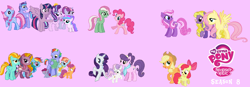 Size: 2700x936 | Tagged: safe, derpibooru exclusive, derpibooru import, apple bloom, applejack, bow hothoof, daisy dreams, fluttershy, lightning dust, lily blossom, minty, pinkie pie, rainbow dash, rainbow flash, rarity, scootaloo, starlight glimmer, suri polomare, sweetie belle, twilight sparkle, windy whistles, alicorn, pony, alicornified, alternate cutie mark, cottonbelle, logo, my little pony logo, pink background, race swap, simple background, star dreams, starlicorn, starlight's parents, stock vector, wat, xk-class end-of-the-world scenario