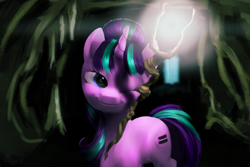 Size: 1600x1067 | Tagged: safe, artist:glukoloff, starlight glimmer, pony, unicorn, cave, s5 starlight, solo, staff, staff of sameness, wink